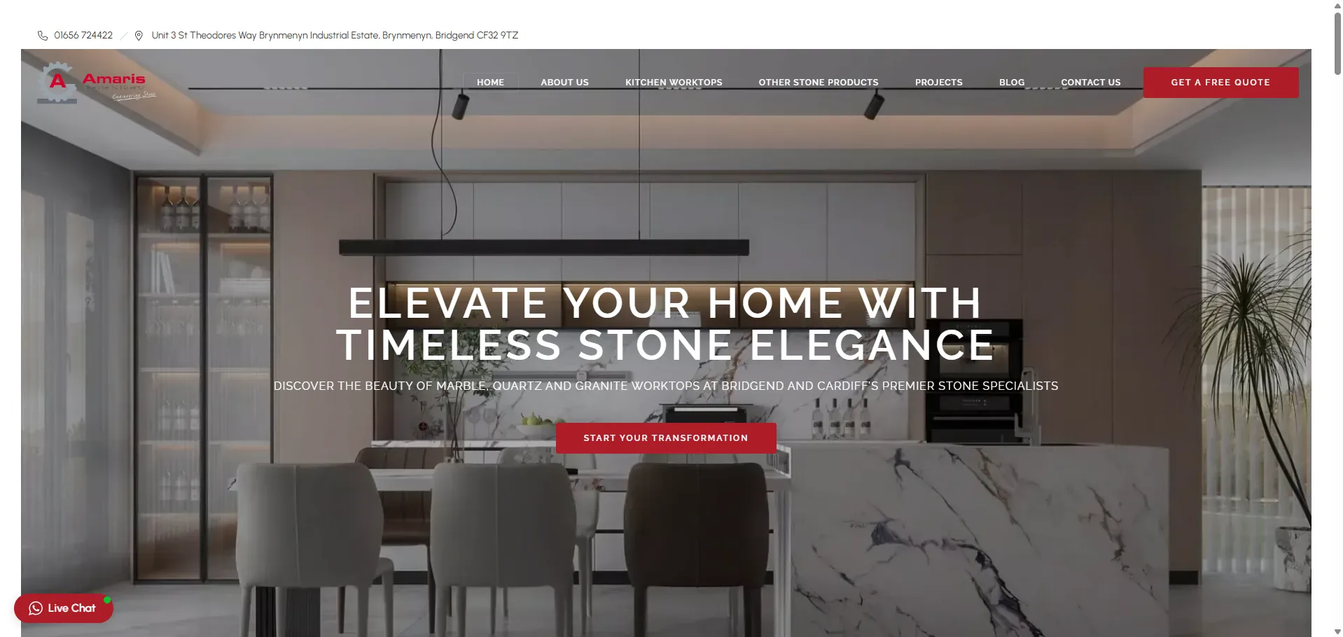 Amaris Granite & Quartz website screenshot — Stone Fabricator · Luxury Services portfolio example by Invincible Media